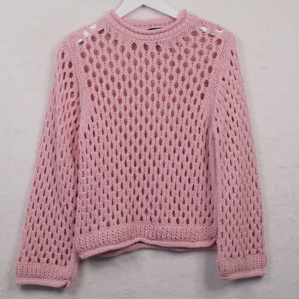 Y2K Open Knit Pointelle Crochet Pullover Sweater Coquette Pink Indie Sleeze XS